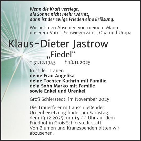 Traueranzeige von Klaus-Dieter 