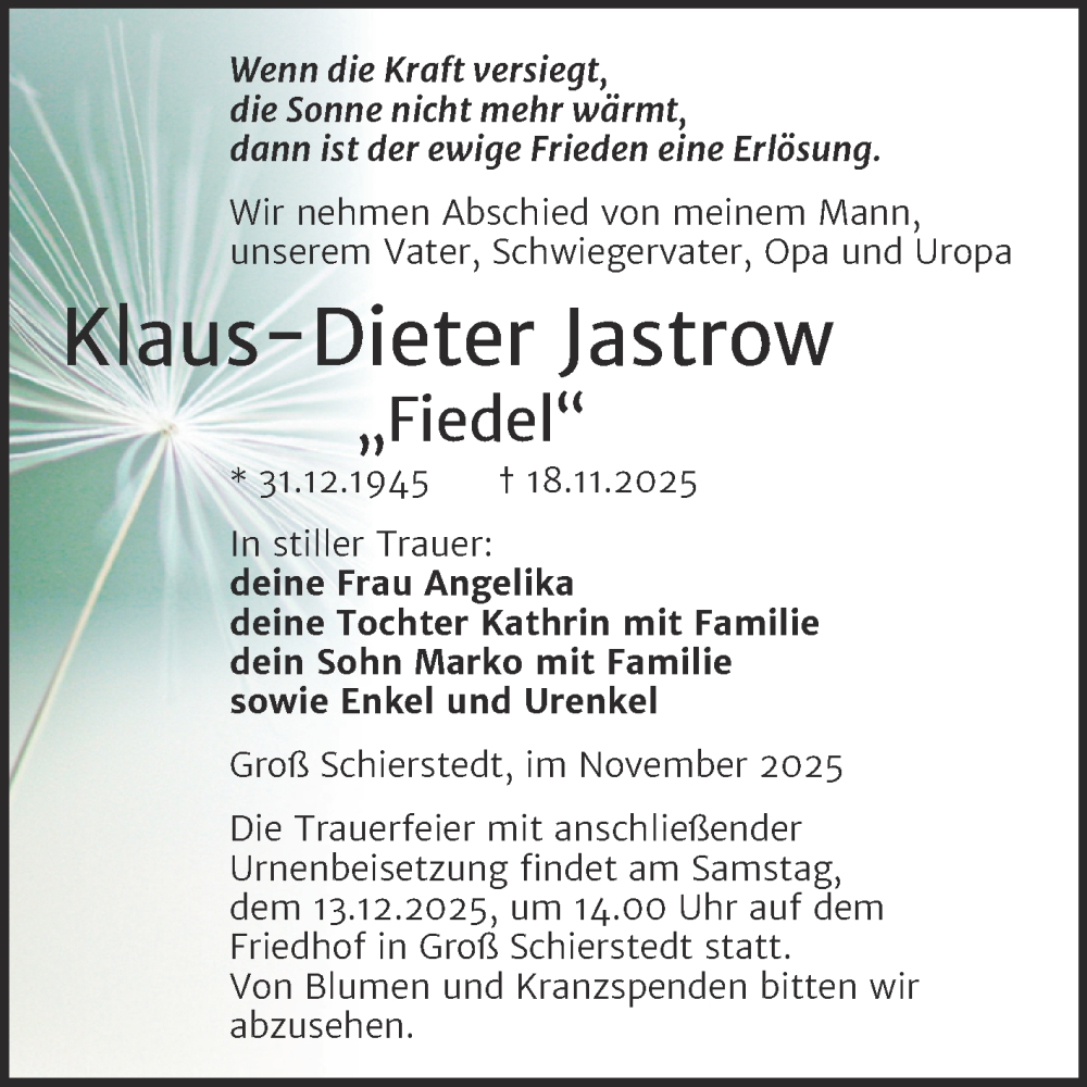  Traueranzeige für Klaus-Dieter 