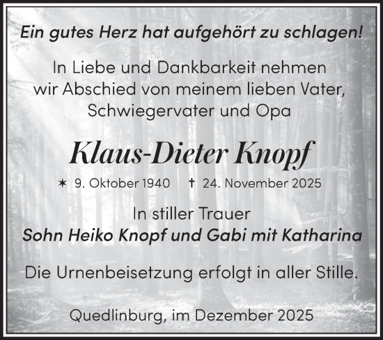 Traueranzeige von Klaus-Dieter Knopf von Trauerkombi Quedlinburg