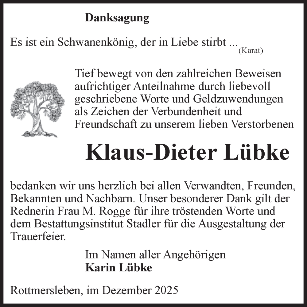  Traueranzeige für Klaus-Dieter Lübke vom 27.12.2025 aus Volksstimme Haldensleben/Wolmirstedt