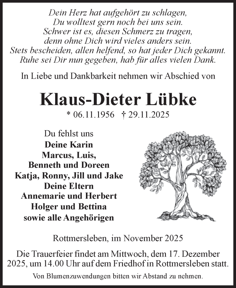  Traueranzeige für Klaus-Dieter Lübke vom 06.12.2025 aus Volksstimme Haldensleben/Wolmirstedt