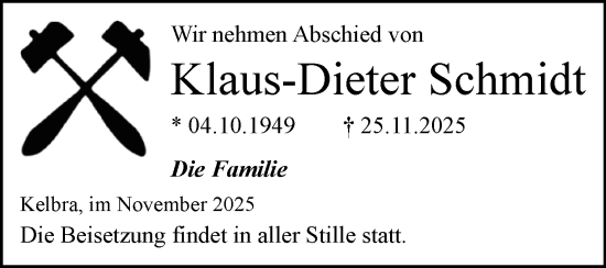 Traueranzeige von Klaus-Dieter Schmidt von Mitteldeutsche Zeitung Sangerhausen