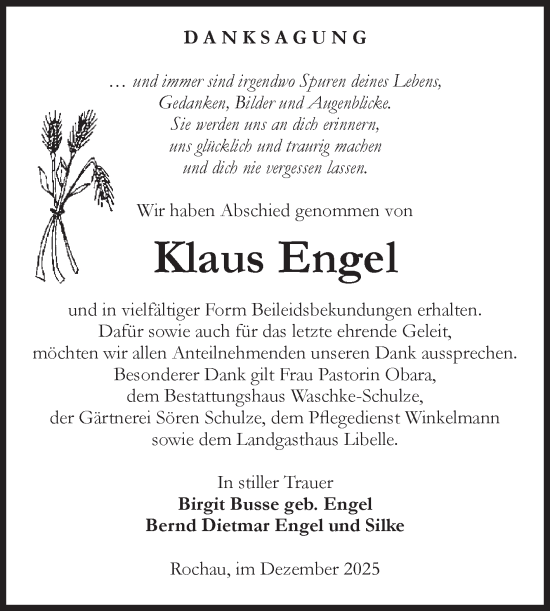 Traueranzeige von Klaus Engel von Volksstimme Altmark Ost