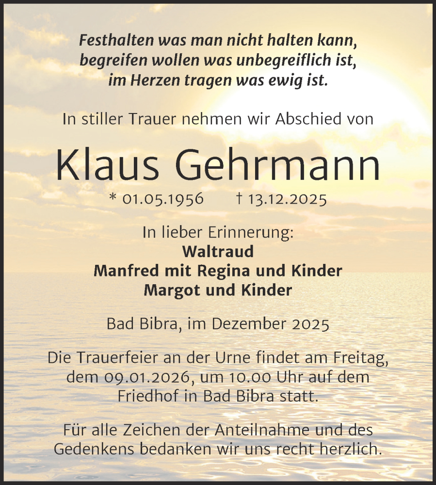  Traueranzeige für Klaus Gehrmann vom 20.12.2025 aus Naumburger Tageblatt