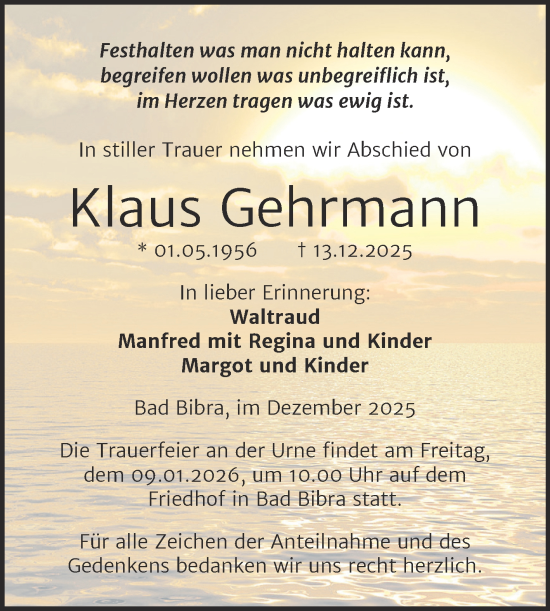 Traueranzeige von Klaus Gehrmann von Naumburger Tageblatt