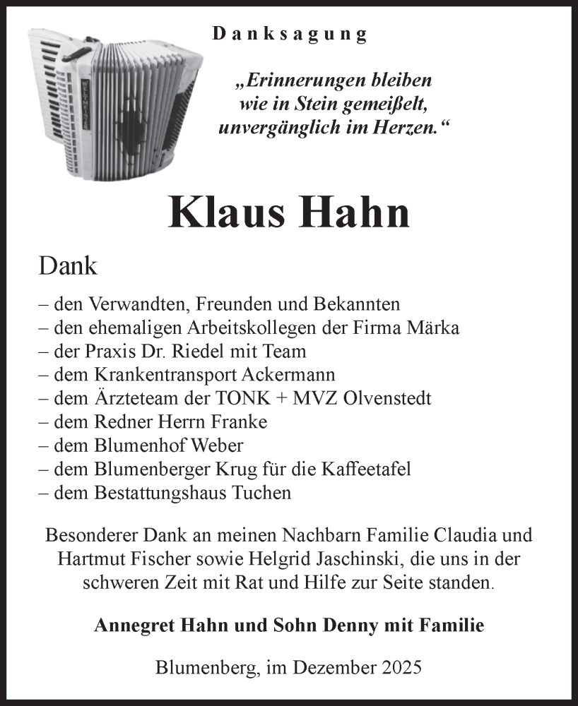  Traueranzeige für Klaus Hahn vom 27.12.2025 aus Volksstimme Oschersleben/Wanzleben