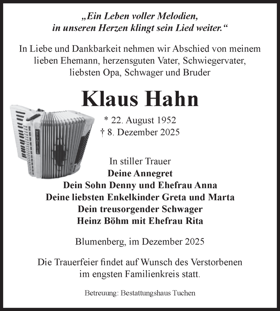  Traueranzeige für Klaus Hahn vom 13.12.2025 aus Volksstimme Oschersleben/Wanzleben
