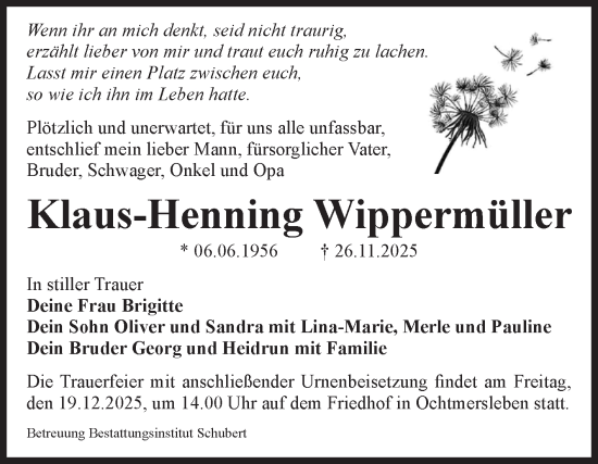 Traueranzeige von Klaus-Henning Wippermüller von Volksstimme Haldensleben/Wolmirstedt