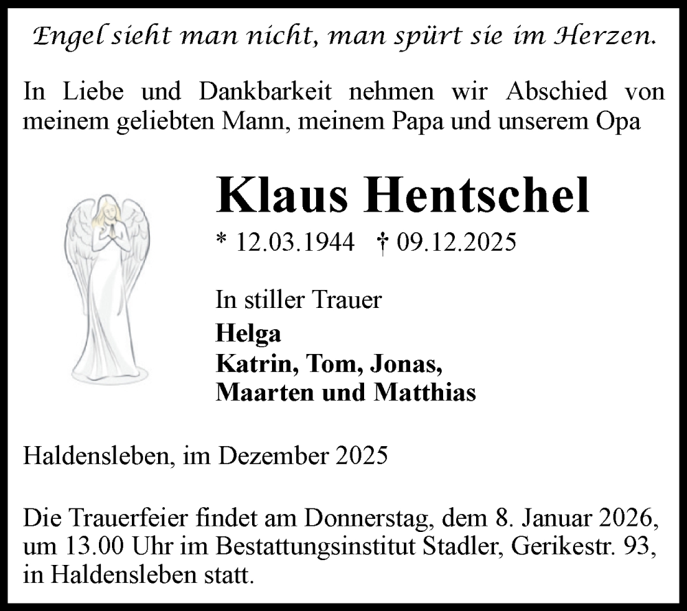  Traueranzeige für Klaus Hentschel vom 27.12.2025 aus Volksstimme Magdeburg