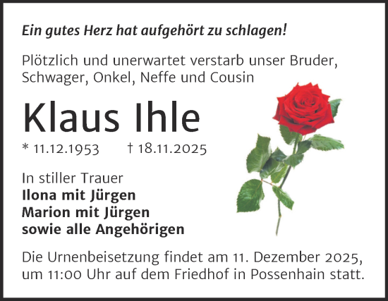 Traueranzeige von Klaus Ihle von Naumburger Tageblatt