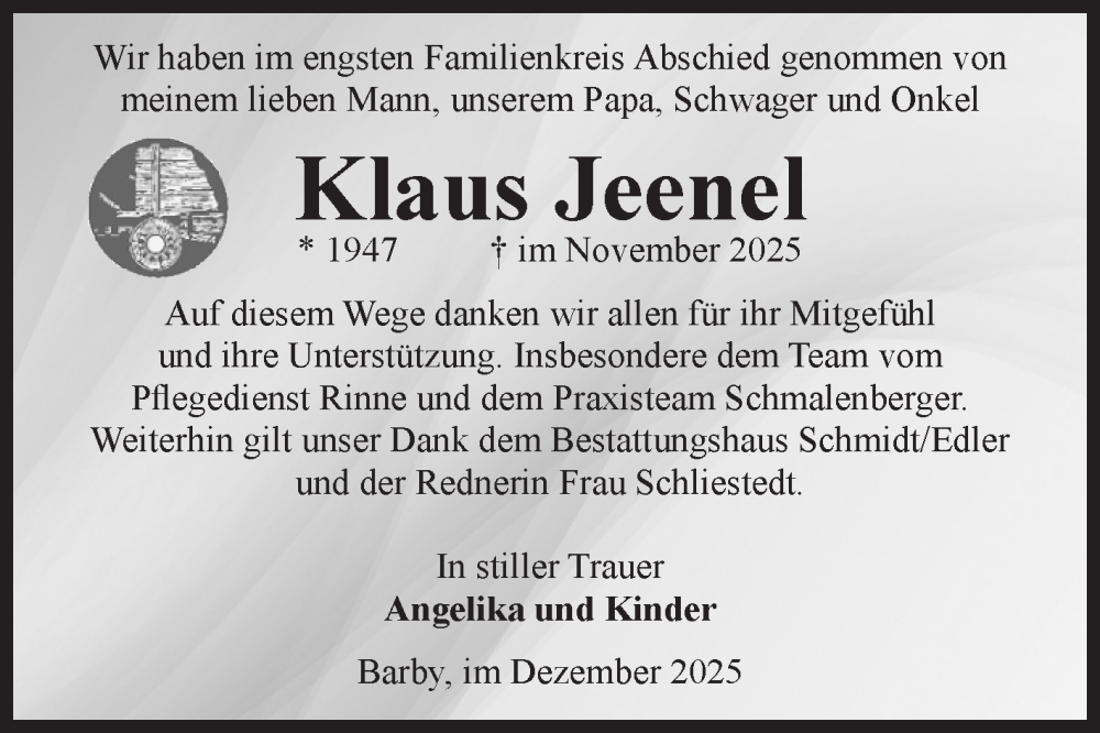  Traueranzeige für Klaus Jeenel vom 06.12.2025 aus Volksstimme Schönebeck