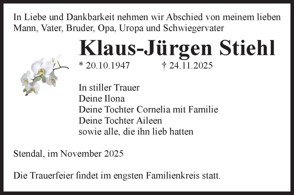  Traueranzeige für Klaus-Jürgen Stiehl vom 29.11.2025 aus Volksstimme Altmark Ost