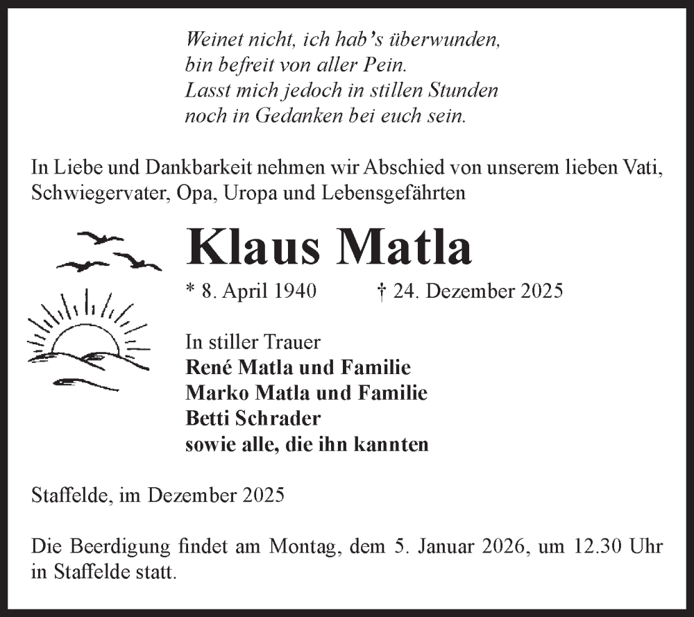 Traueranzeige für Klaus Matla vom 30.12.2025 aus Volksstimme Altmark Ost