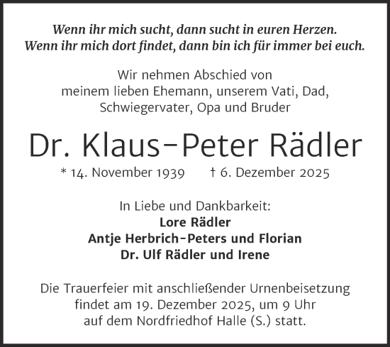 Traueranzeige von Klaus-Peter Rädler von Mitteldeutsche Zeitung Halle/Saalkreis