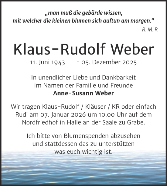 Traueranzeige von Klaus-Rudolf Weber von Mitteldeutsche Zeitung Halle/Saalkreis