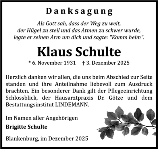 Traueranzeige von Klaus Schulte von Volksstimme Wernigerode