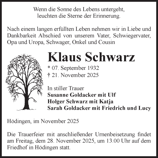 Traueranzeige von Klaus Schwarz von Volksstimme Haldensleben/Wolmirstedt