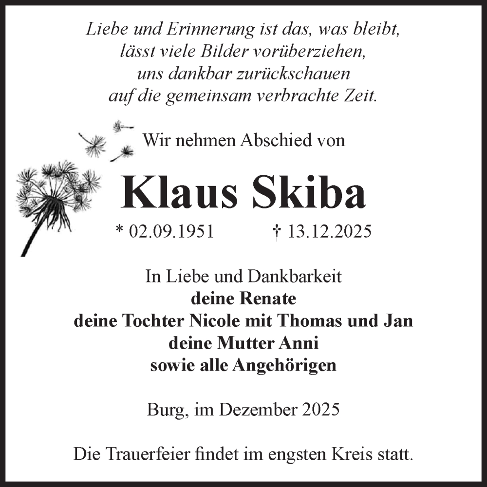  Traueranzeige für Klaus Skiba vom 20.12.2025 aus Volksstimme Burg/Genthin