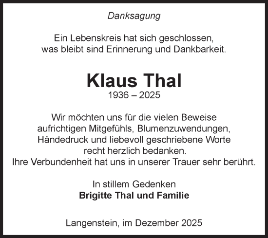 Traueranzeige von Klaus Thal von Volksstimme Halberstadt
