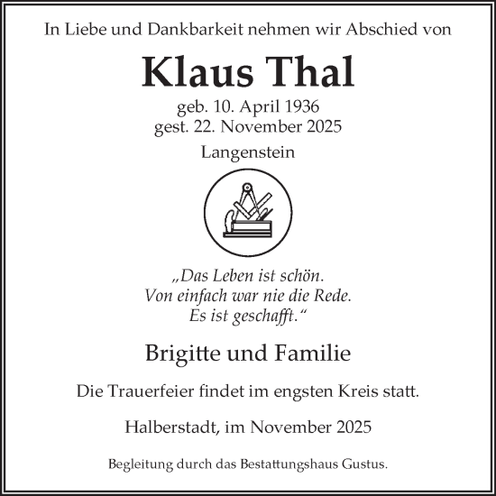 Traueranzeige von Klaus Thal von Volksstimme Halberstadt