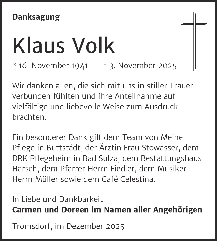  Traueranzeige für Klaus Volk vom 06.12.2025 aus Super Sonntag Naumburg/Nebra