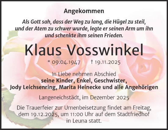 Traueranzeige von Klaus Vosswinkel von Trauerkombi Merseburg