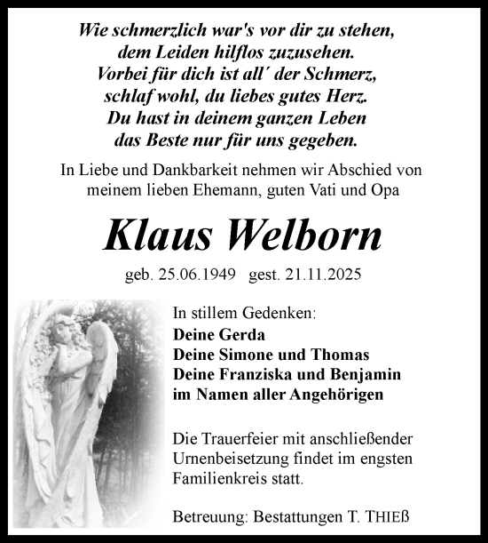 Traueranzeige von Klaus Welborn von Volksstimme Wernigerode