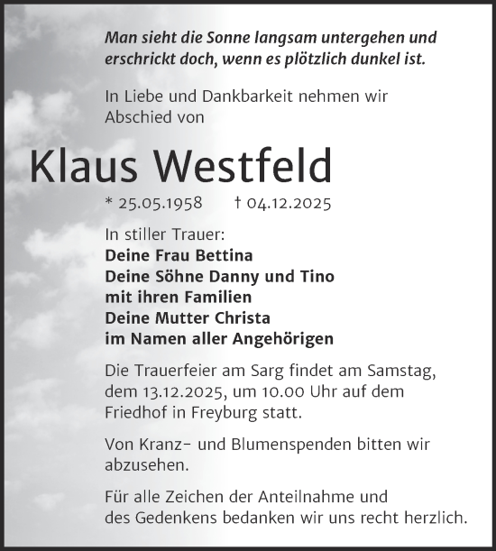 Traueranzeige von Klaus Westfeld von Naumburger Tageblatt