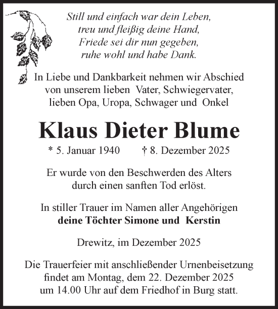 Traueranzeige von Klaus Dieter Blume von Volksstimme Burg/Genthin
