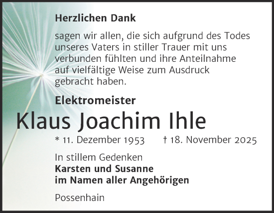 Traueranzeige von Klaus Joachim Ihle von Super Sonntag Naumburg/Nebra