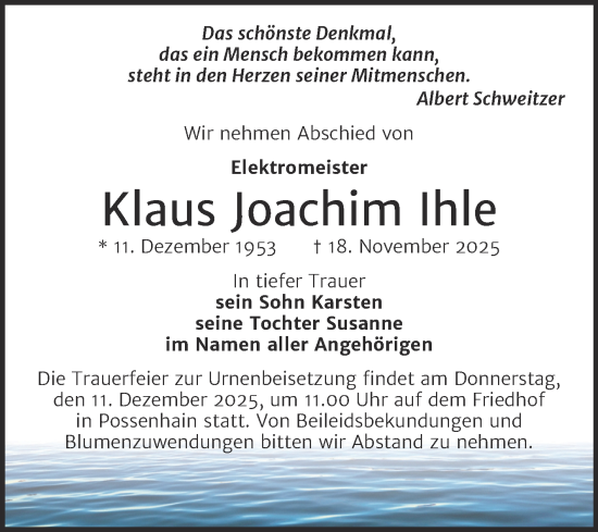 Traueranzeige von Klaus Joachim Ihle von Super Sonntag Naumburg/Nebra