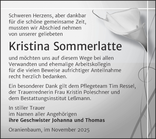 Traueranzeige von Kristina Sommerlatte von Trauerkombi Wittenberg