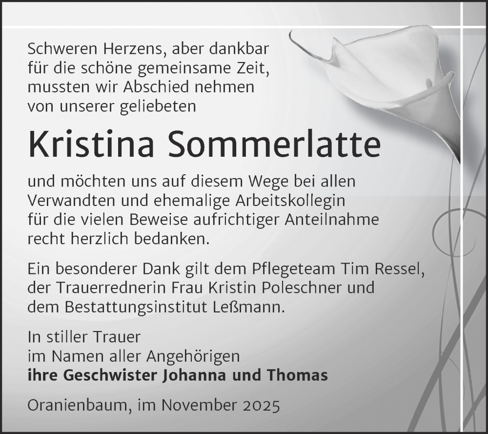 Traueranzeige für Kristina Sommerlatte vom 29.11.2025 aus Trauerkombi Wittenberg