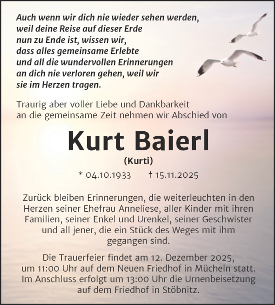 Traueranzeige von Kurt Baierl von Trauerkombi Merseburg