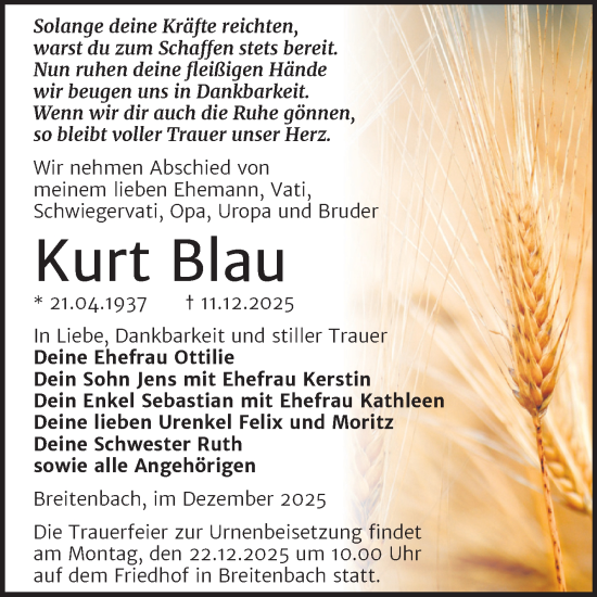 Traueranzeige von Kurt Blau von Trauerkombi Zeitz