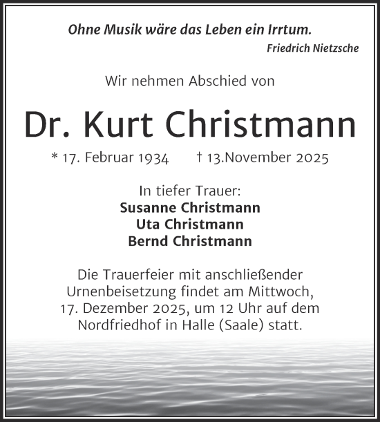 Traueranzeige von Kurt Christmann von Mitteldeutsche Zeitung Halle/Saalkreis