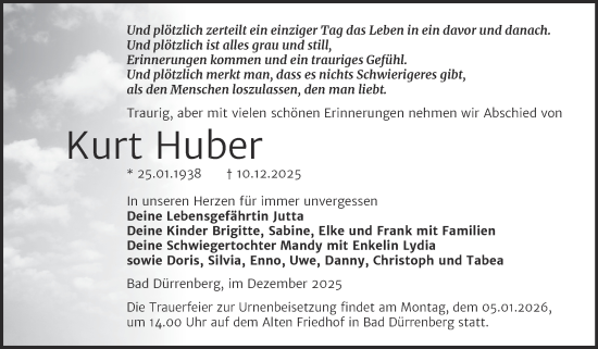 Traueranzeige von Kurt Huber von Trauerkombi Merseburg