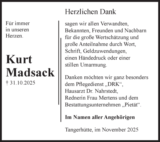 Traueranzeige von Kurt Madsack von Volksstimme Altmark Ost
