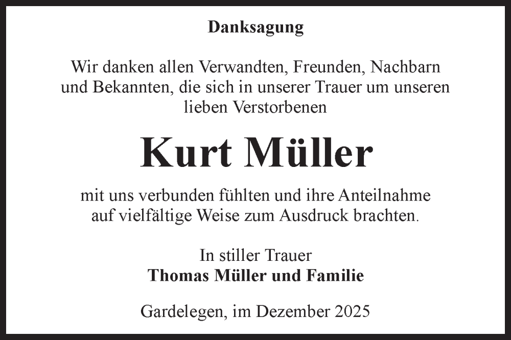  Traueranzeige für Kurt Müller vom 20.12.2025 aus Volksstimme Altmark West