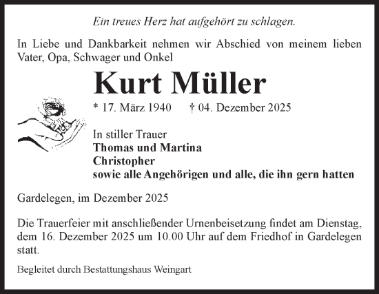 Traueranzeige von Kurt Müller von Volksstimme Altmark West