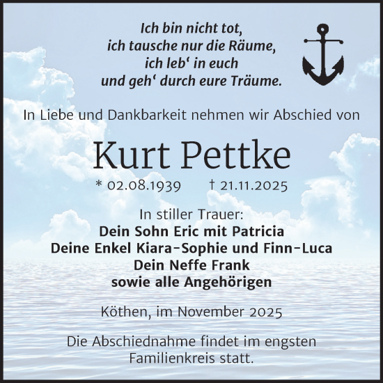 Traueranzeige von Kurt Pettke von Trauerkombi Köthen