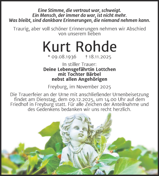 Traueranzeige von Kurt Rohde von Super Sonntag Naumburg/Nebra