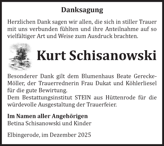 Traueranzeige von Kurt Schisanowski von Volksstimme Wernigerode