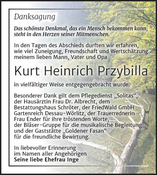 Traueranzeige von Kurt Heinrich Przybilla von Trauerkombi Wittenberg