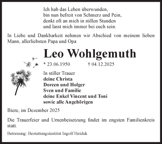 Traueranzeige von Leo Wohlgemuth von Volksstimme Schönebeck