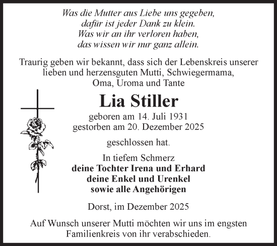 Traueranzeige von Lia Stiller von Volksstimme Haldensleben/Wolmirstedt