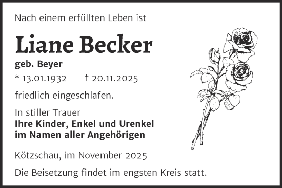 Traueranzeige von Liane Becker von Trauerkombi Merseburg
