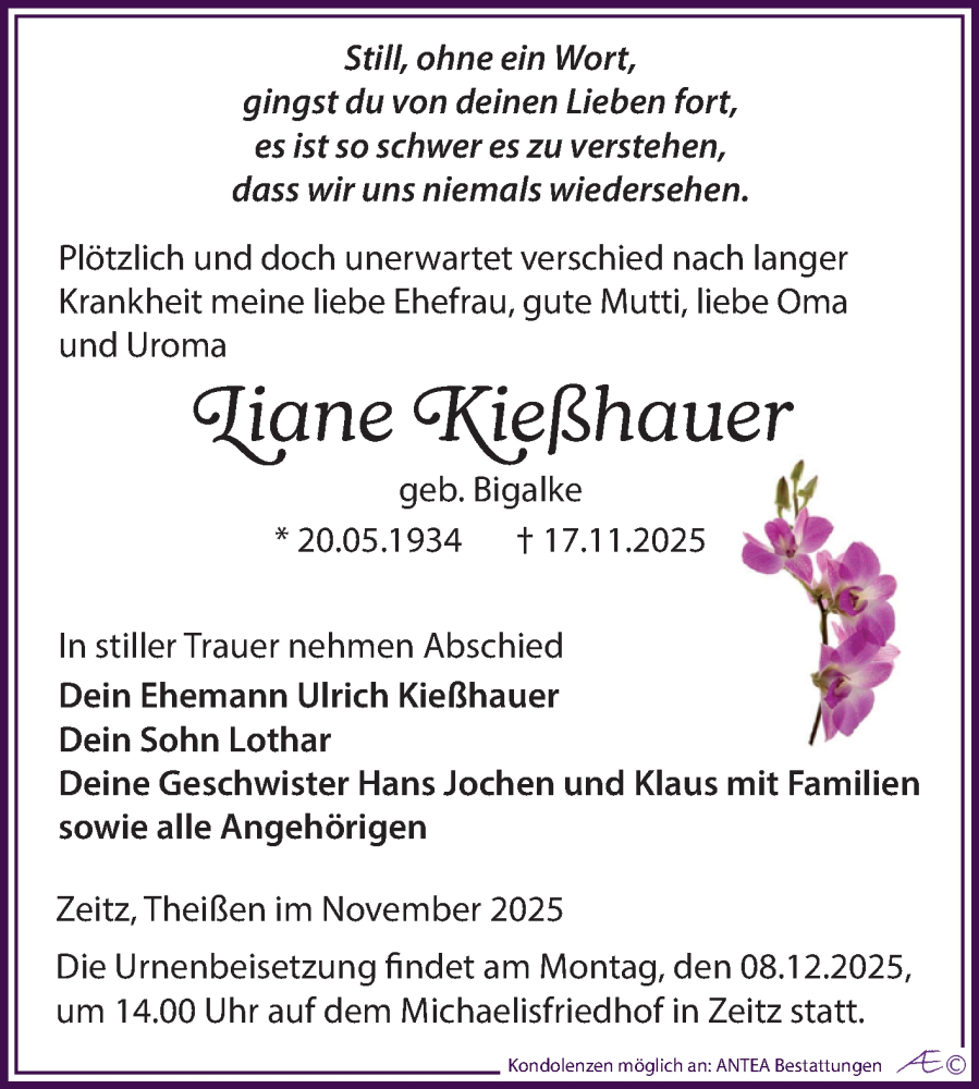  Traueranzeige für Liane Kießhauer vom 29.11.2025 aus Trauerkombi Zeitz