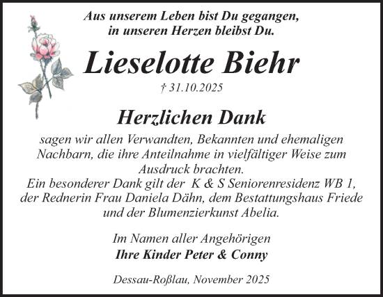 Traueranzeige von Lieselotte Biehr von Trauerkombi Dessau