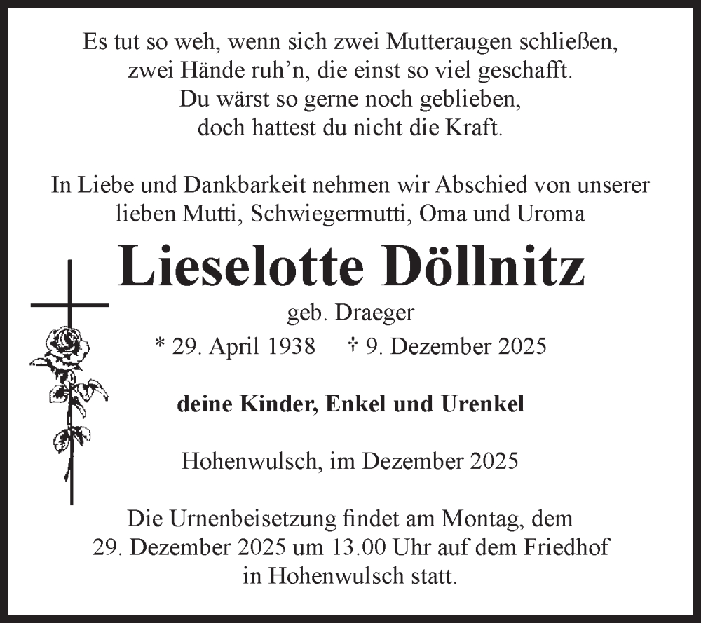  Traueranzeige für Lieselotte Döllnitz vom 20.12.2025 aus Volksstimme Altmark Ost